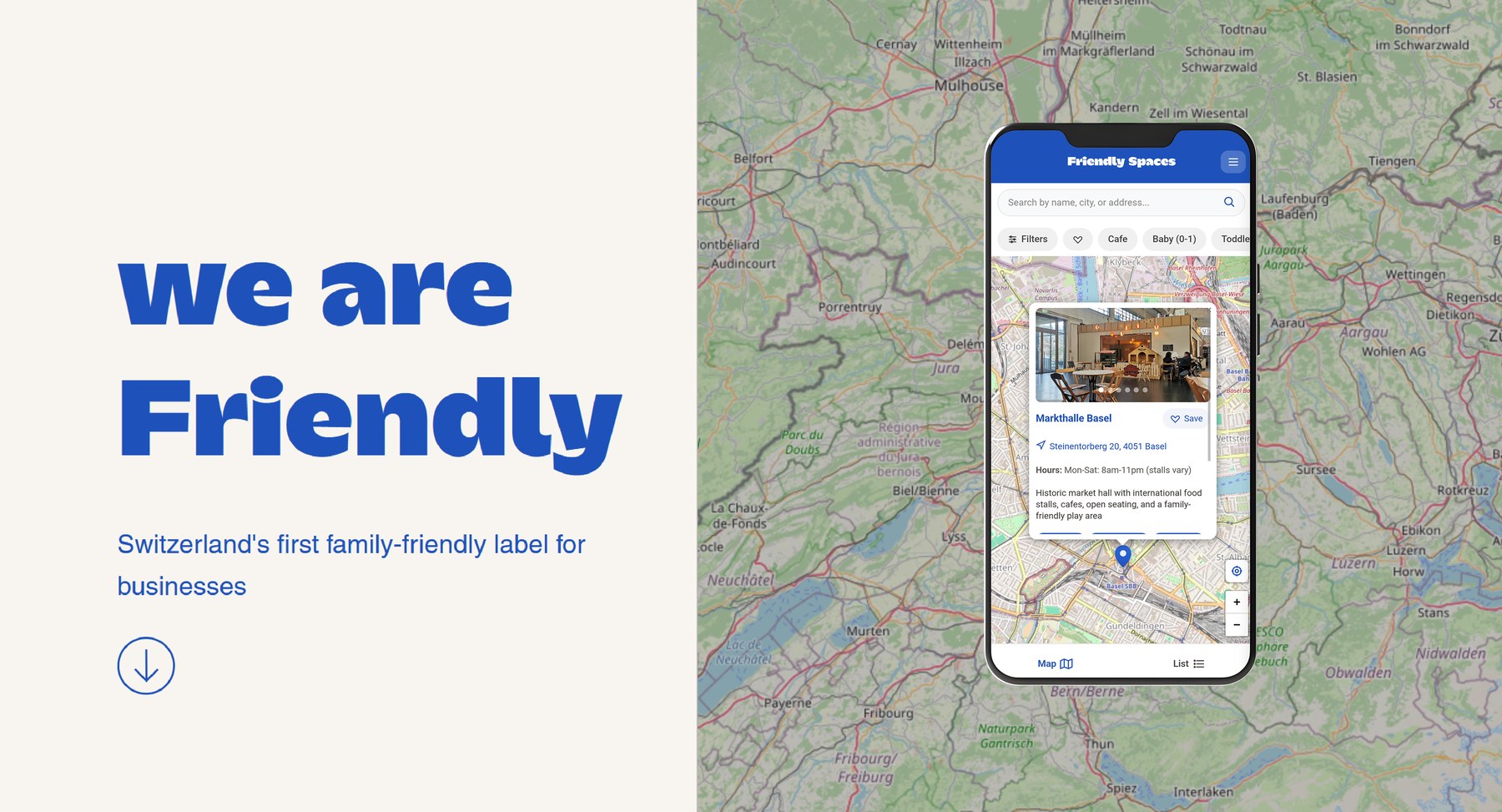 The Friendly Spaces app on a map of Switzerland
